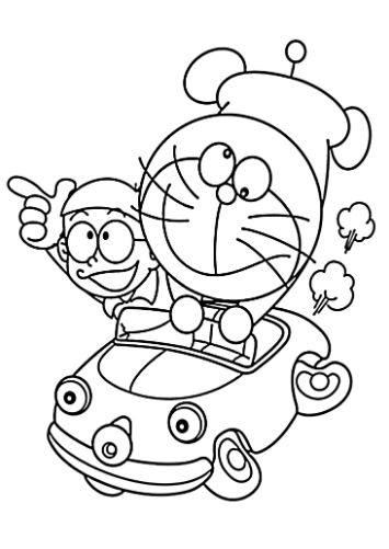 Mẫu tranh tô màu hình Doreamon và Nobita đang chạy xe