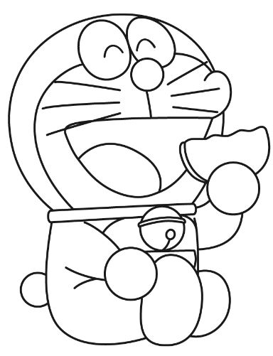 Mẫu tranh tô màu mèo máy đang ăn món bánh rán dành cho bé