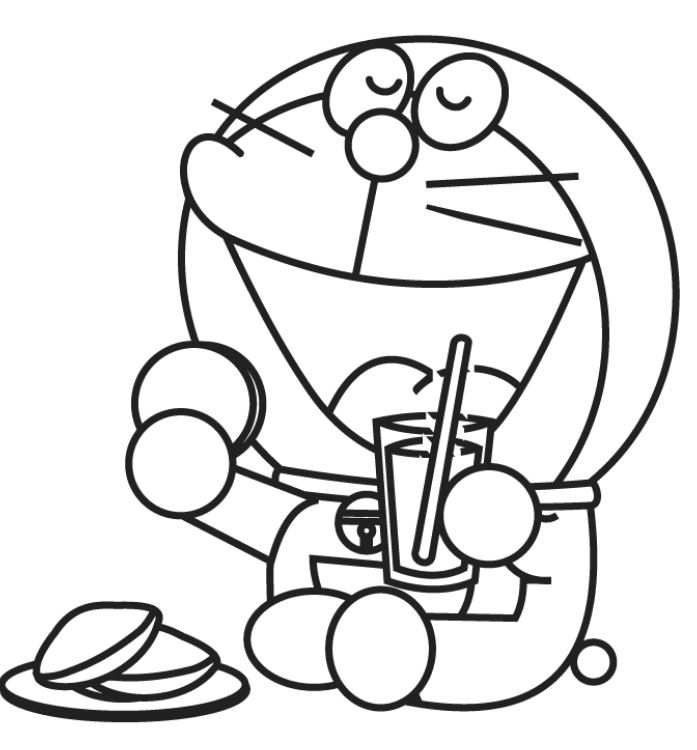 Mẫu tranh tô màu cho bé hình Doreamon đang thưởng thức món bánh yêu thích
