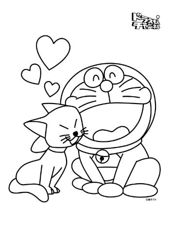 Mẫu tranh tô màu chú mèo Doreamon và mèo con