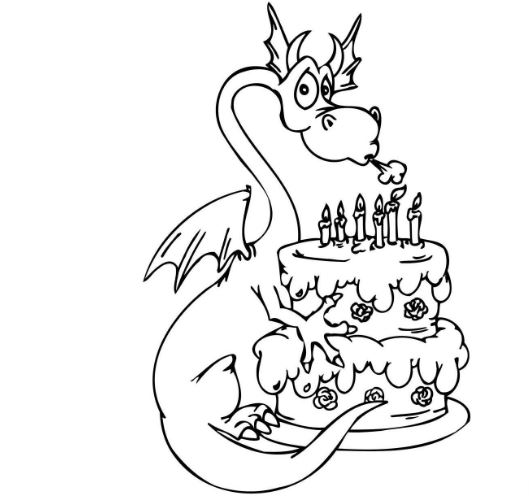 Mẫu tranh tô màu cho bé hình chú rồng và chiếc bánh sinh nhật